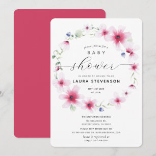 Fuchsia Pink Watercolor Floral Wreath Baby Shower Invitation