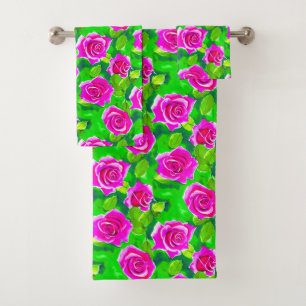 Fuchsia Pink Watercolor Rose Pattern Bath Towel Set