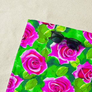 Fuchsia Pink Watercolor Rose Pattern Beach Towel