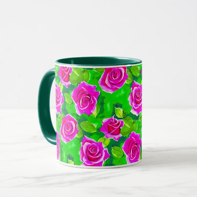 Fuchsia Pink Watercolor Rose Pattern Mug (Front Left)