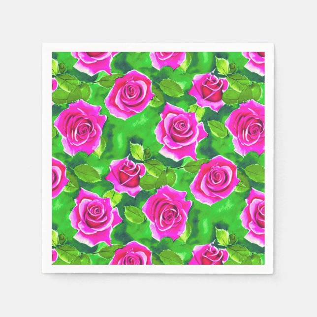 Fuchsia Pink Watercolor Rose Pattern Napkin (Front)