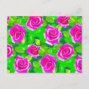 Fuchsia Pink Watercolor Rose Pattern Postcard