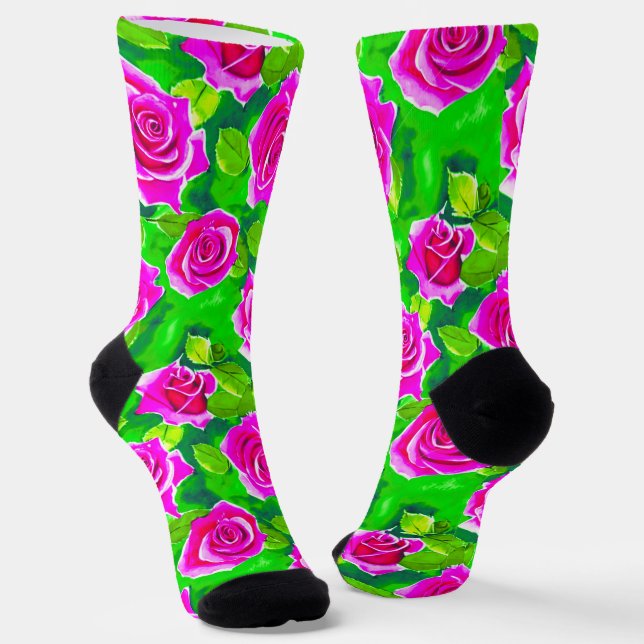 Fuchsia Pink Watercolor Rose Pattern Socks (Angled)