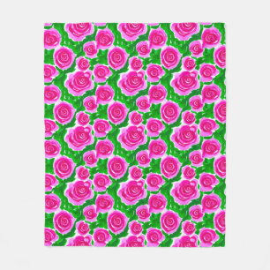 Fuchsia Pink Watercolor Roses Fleece Blanket
