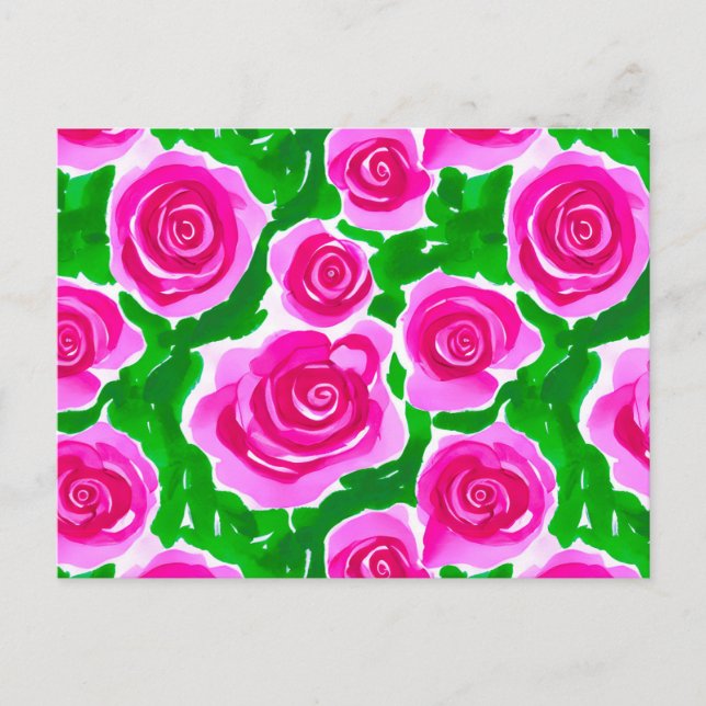 Fuchsia Pink Watercolor Roses Postcard (Front)
