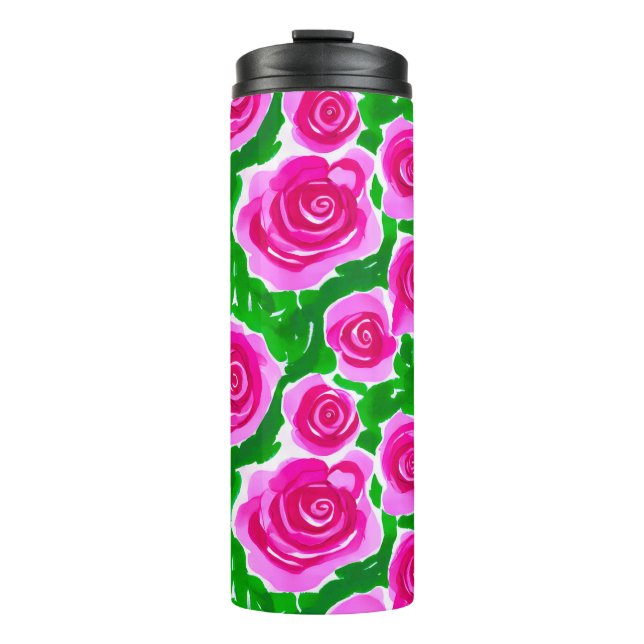 Fuchsia Pink Watercolor Roses Thermal Tumbler (Front)