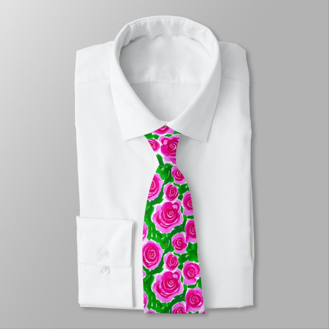 Fuchsia Pink Watercolor Roses Tie (Tied)