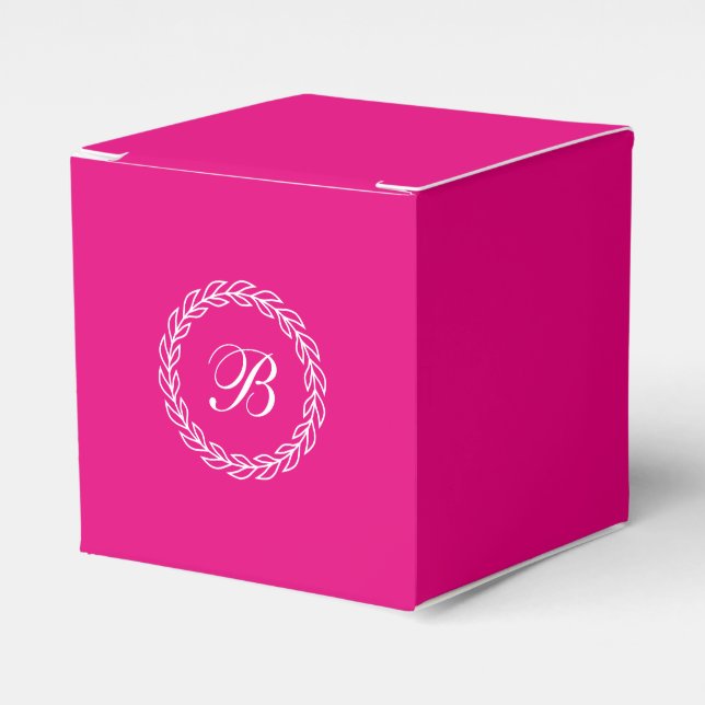 Fuchsia Pink White Laurel Wreath with Monogram Favour Box (Front Side)