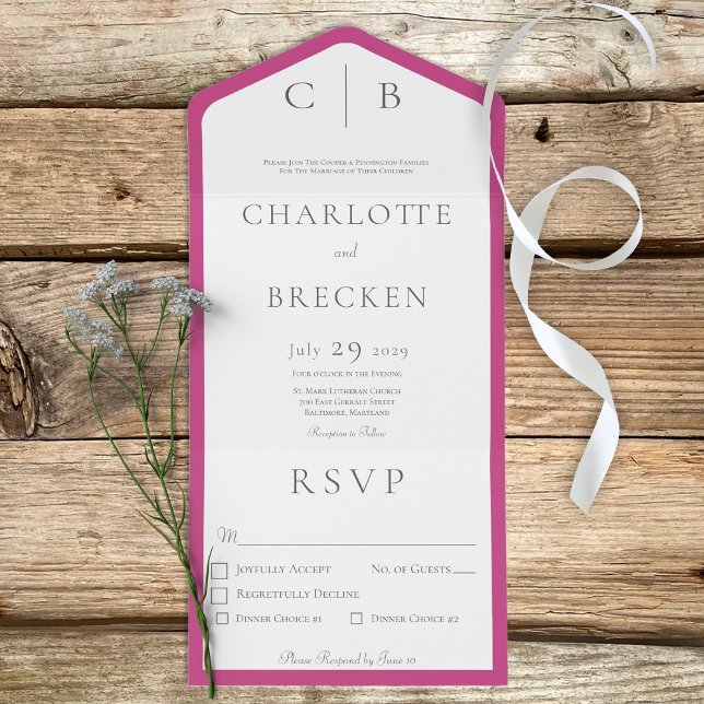 Fuchsia Pink & White Monogram Minimal Dinner All In One Invitation (Creator Uploaded)
