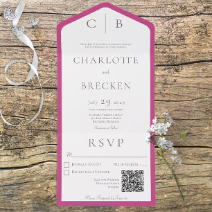 Fuchsia Pink & White Monogram Minimal QR Code All In One Invitation