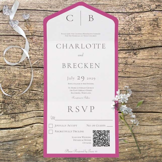 Fuchsia Pink & White Monogram Minimal QR Code All In One Invitation (Creator Uploaded)