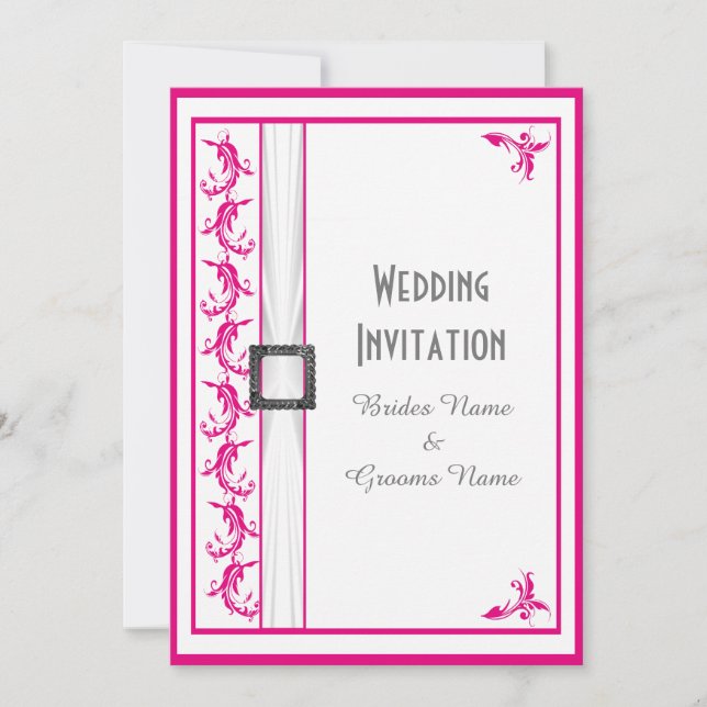 Fuchsia pink white traditional wedding invitation (Front)