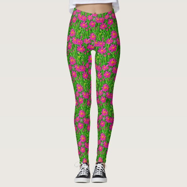 Fuchsia Pink Wildflowers in a Field Leggings (Front)