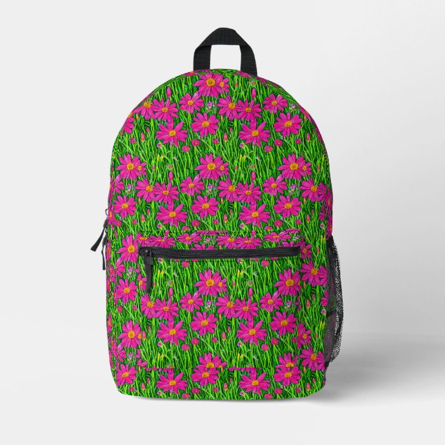 Fuchsia Pink Wildflowers in a Field Printed Backpack (Front)