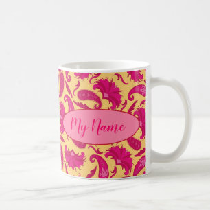 Fuchsia Pink Yellow Name Personalised Paisley Coffee Mug