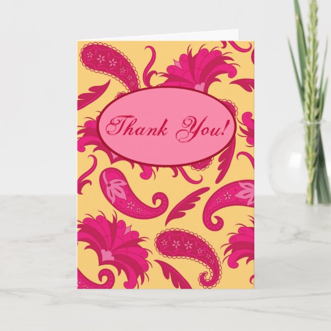 Fuchsia Pink Yellow Paisley Custom Greeting Card (Front)