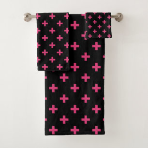 Fuchsia polka crosses on black bath towel set
