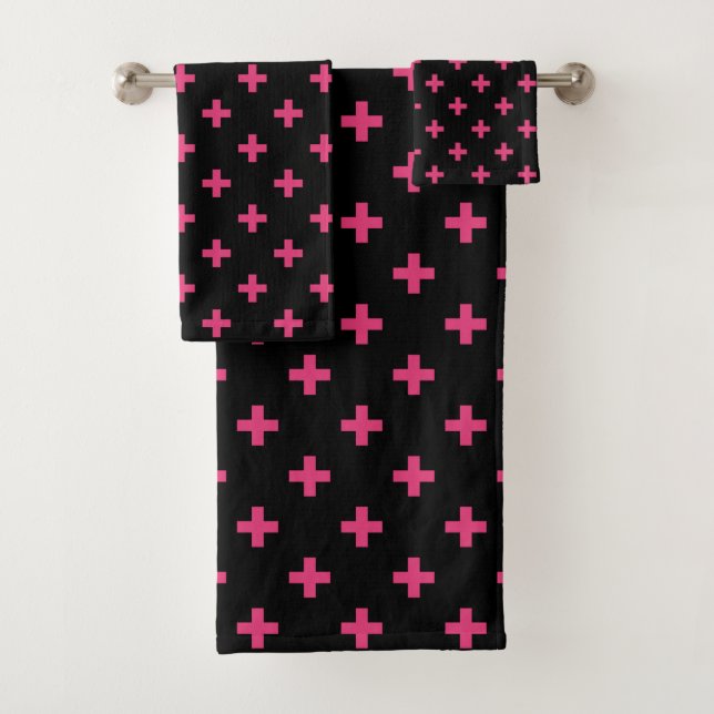 Fuchsia polka crosses on black bath towel set (Insitu)