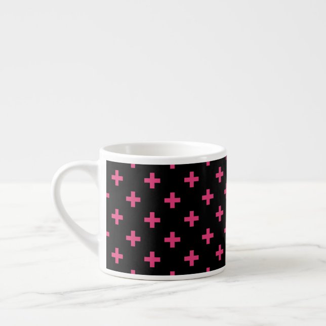 Fuchsia polka crosses on black espresso cup (Left)