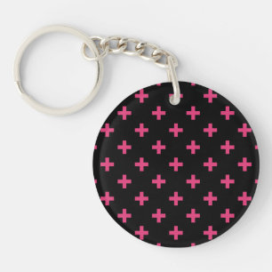 Fuchsia polka crosses on black key ring