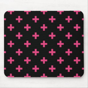 Fuchsia polka crosses on black mouse mat
