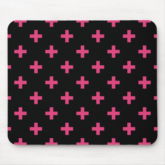 Fuchsia polka crosses on black mouse mat (Front)