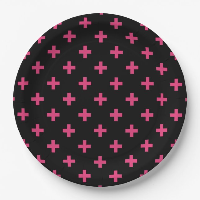 Fuchsia polka crosses on black paper plate (Front)