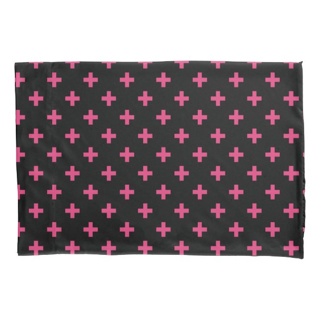 Fuchsia polka crosses on black pillowcase (Front)