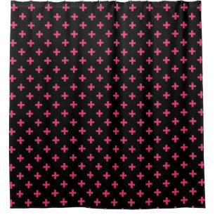 Fuchsia polka crosses on black shower curtain