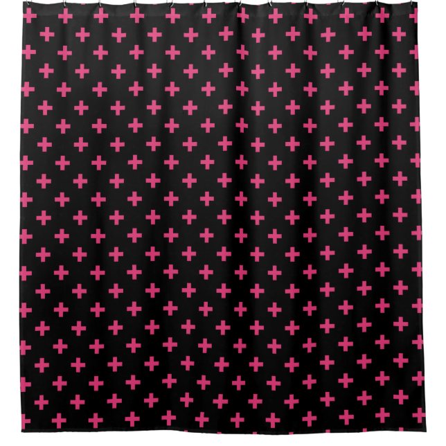Fuchsia polka crosses on black shower curtain (Front)