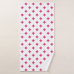 Fuchsia polka crosses on white bath towel