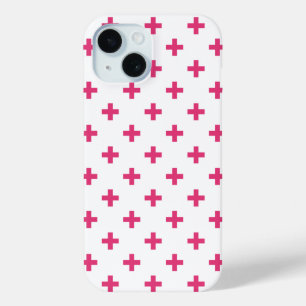 Fuchsia polka crosses on white iPhone 15 case