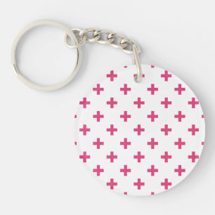 Fuchsia polka crosses on white key ring