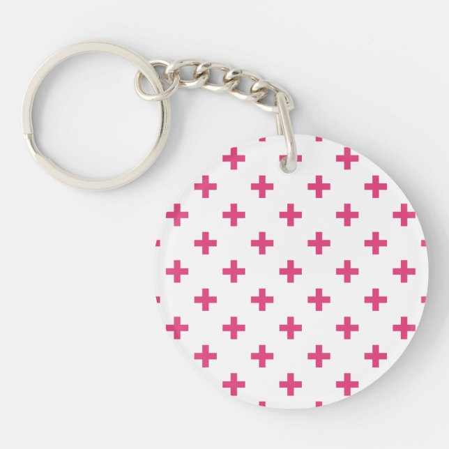 Fuchsia polka crosses on white key ring (Front)