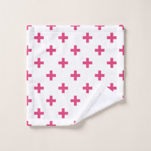 Fuchsia polka crosses on white wash cloth
