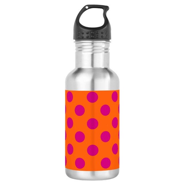 Fuchsia polka dots on orange 532 ml water bottle (Front)