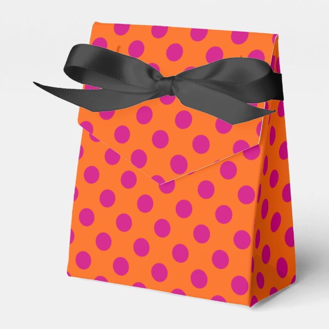 Fuchsia polka dots on orange favour box (Front Side)