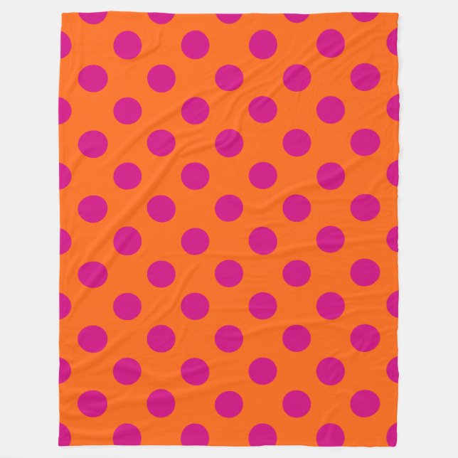 Fuchsia polka dots on orange fleece blanket (Front)