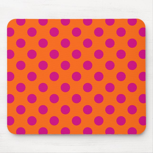 Fuchsia polka dots on orange mouse mat (Front)