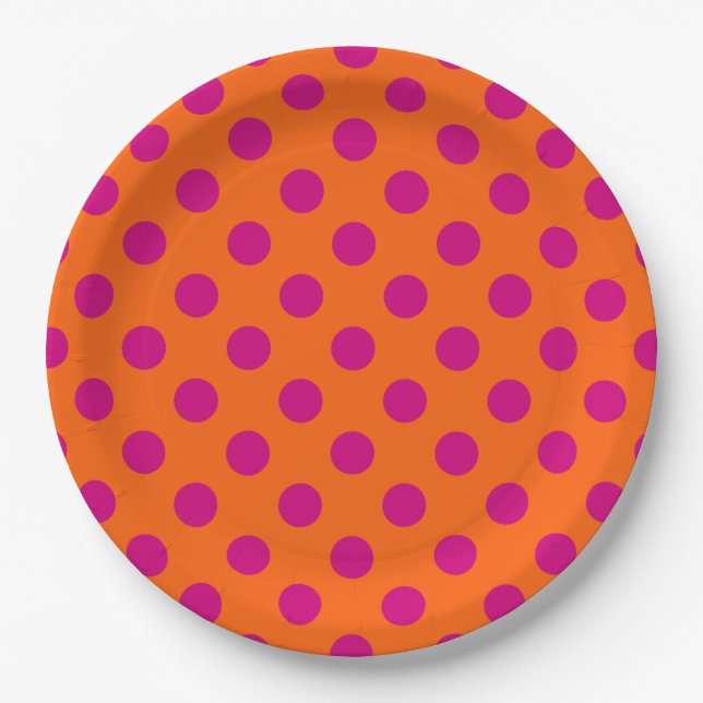 Fuchsia polka dots on orange paper plate (Front)