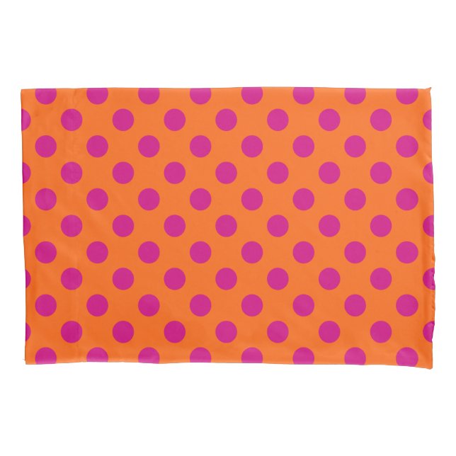 Fuchsia polka dots on orange pillowcase (Front)