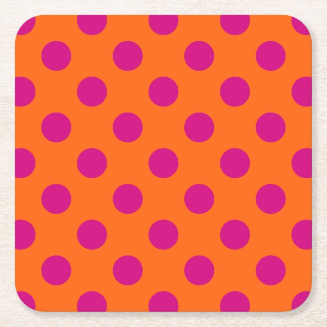 Fuchsia polka dots on orange square paper coaster (Front)