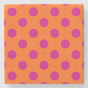 Fuchsia polka dots on orange stone coaster