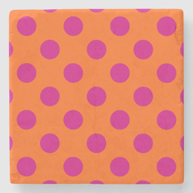 Fuchsia polka dots on orange stone coaster (Front)