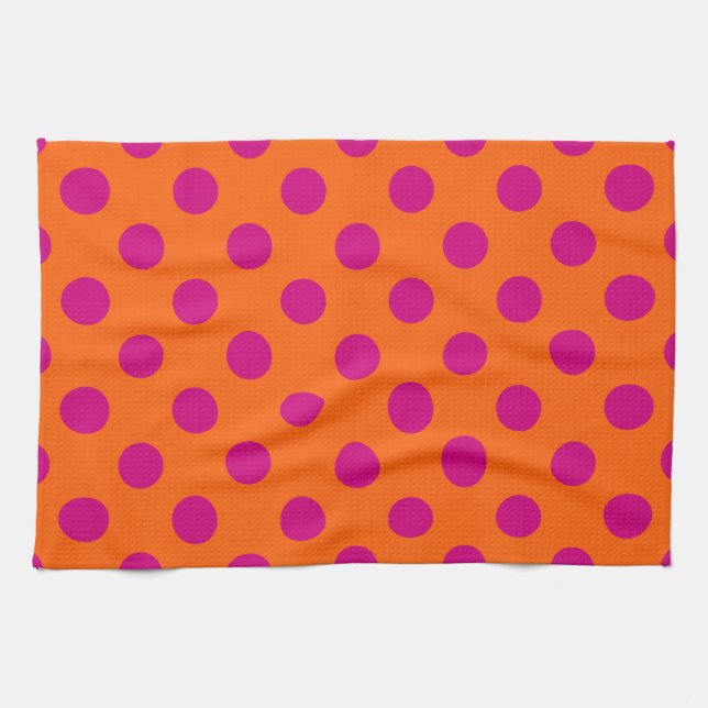 Fuchsia polka dots on orange tea towel (Horizontal)