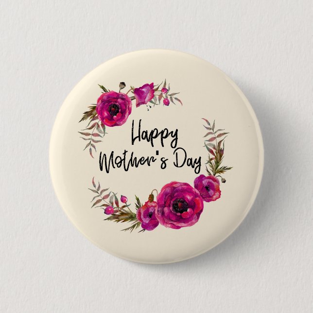 Fuchsia Poppies Floral Wreath Happy Mother's Day 6 Cm Round Badge (Front)