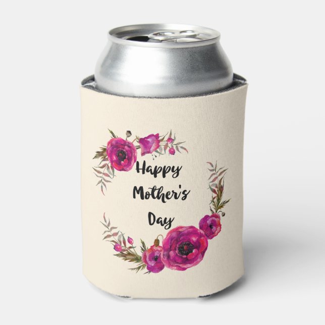 Fuchsia Poppies Floral Wreath Happy Mother's Day Can Cooler (Can Front)