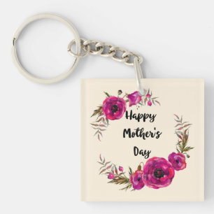 Fuchsia Poppies Floral Wreath Happy Mother's Day Key Ring