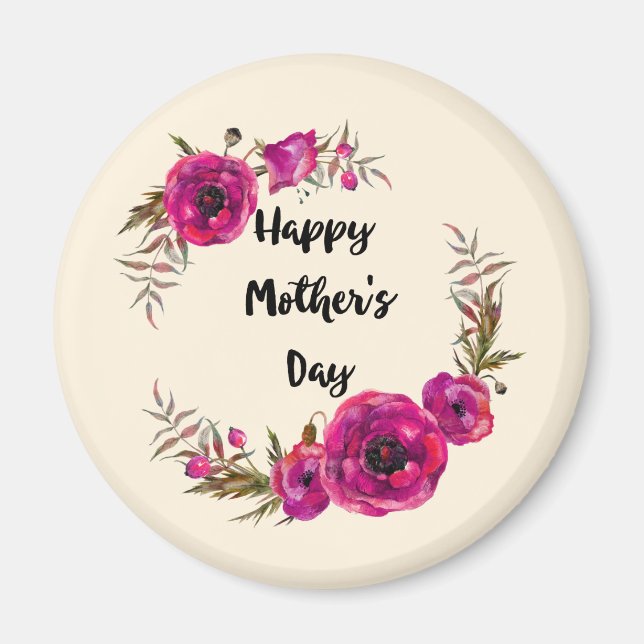 Fuchsia Poppies Floral Wreath Happy Mother's Day Magnet (Front)