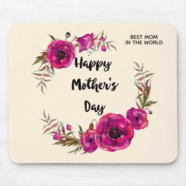 Fuchsia Poppies Floral Wreath Happy Mother's Day Mouse Mat (Front)